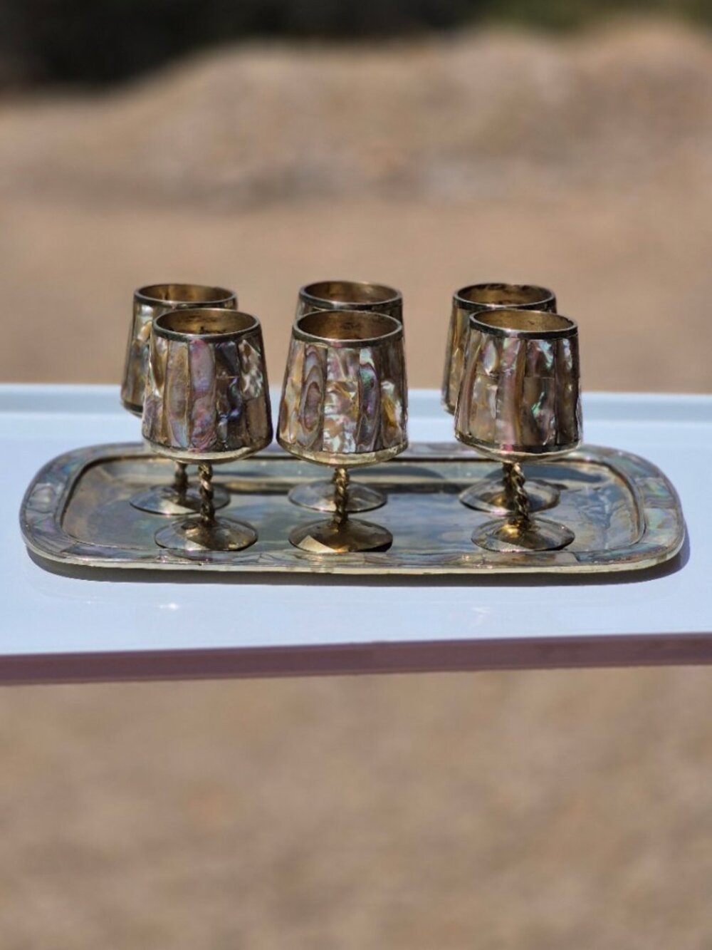 Vintage Taxco Mexican Abalone & Alpaca Silver Cordial Set 6 Shot Glasses & Tray - Picture 3 of 16